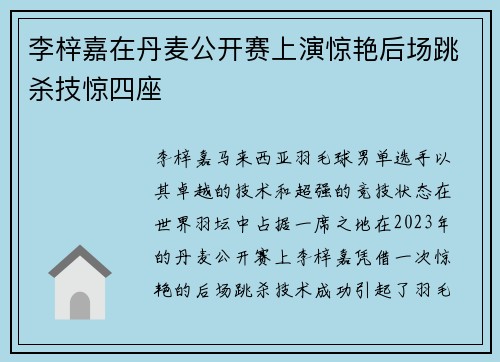 李梓嘉在丹麦公开赛上演惊艳后场跳杀技惊四座