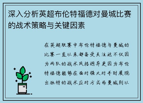 深入分析英超布伦特福德对曼城比赛的战术策略与关键因素 深入分析英超布伦特福德对曼城比赛的战术策略与关键因素