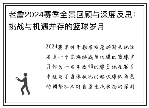老詹2024赛季全景回顾与深度反思：挑战与机遇并存的篮球岁月